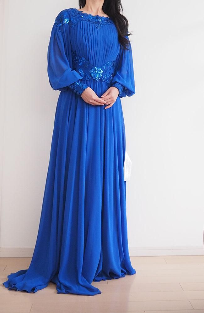 SALE】スリーブシフォン 長袖 プリーツデザイン ロングドレス 青 Blue