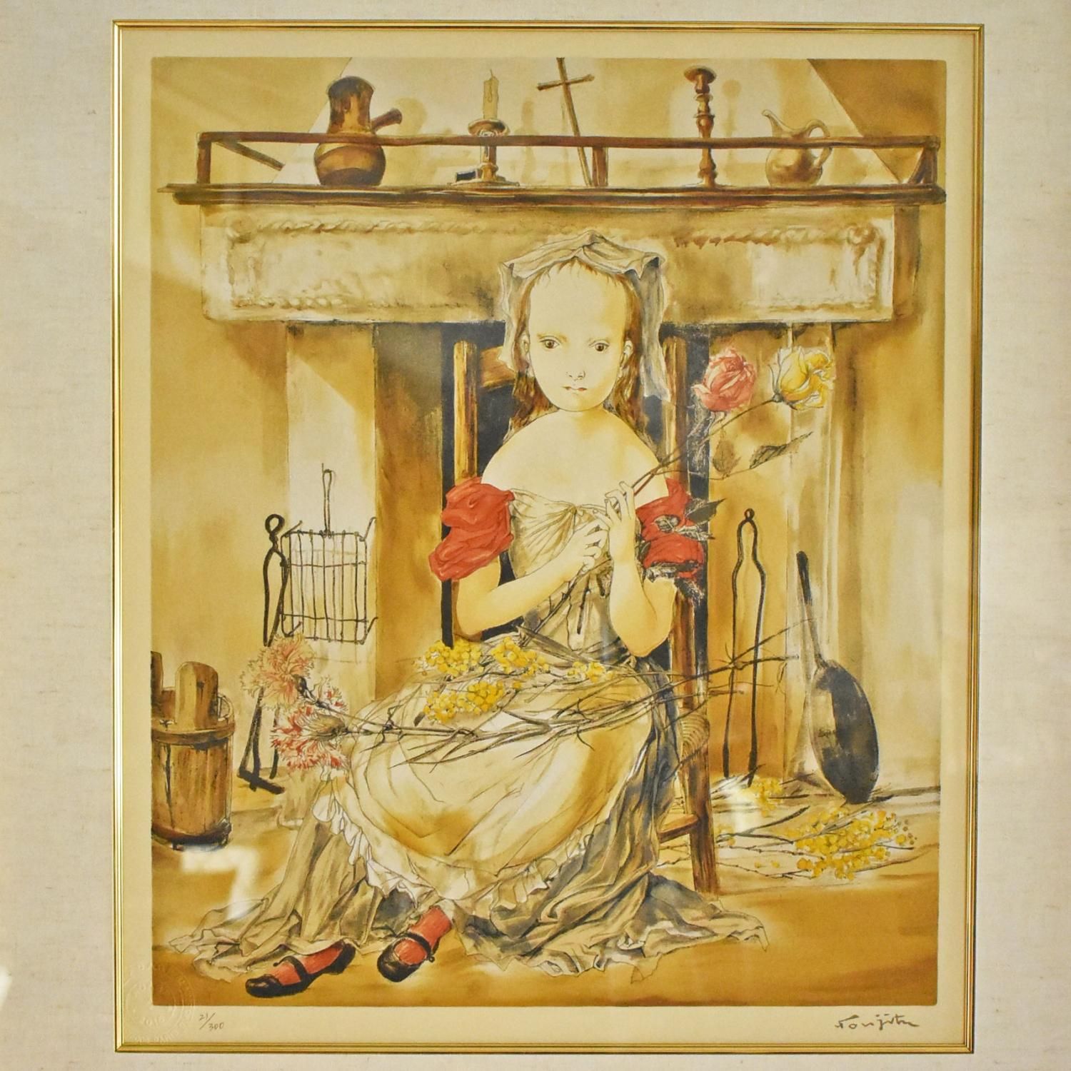 藤田嗣治「暖炉の前の少女」油彩 F6号 肉筆 サインあり 藤田嗣治 『暖炉