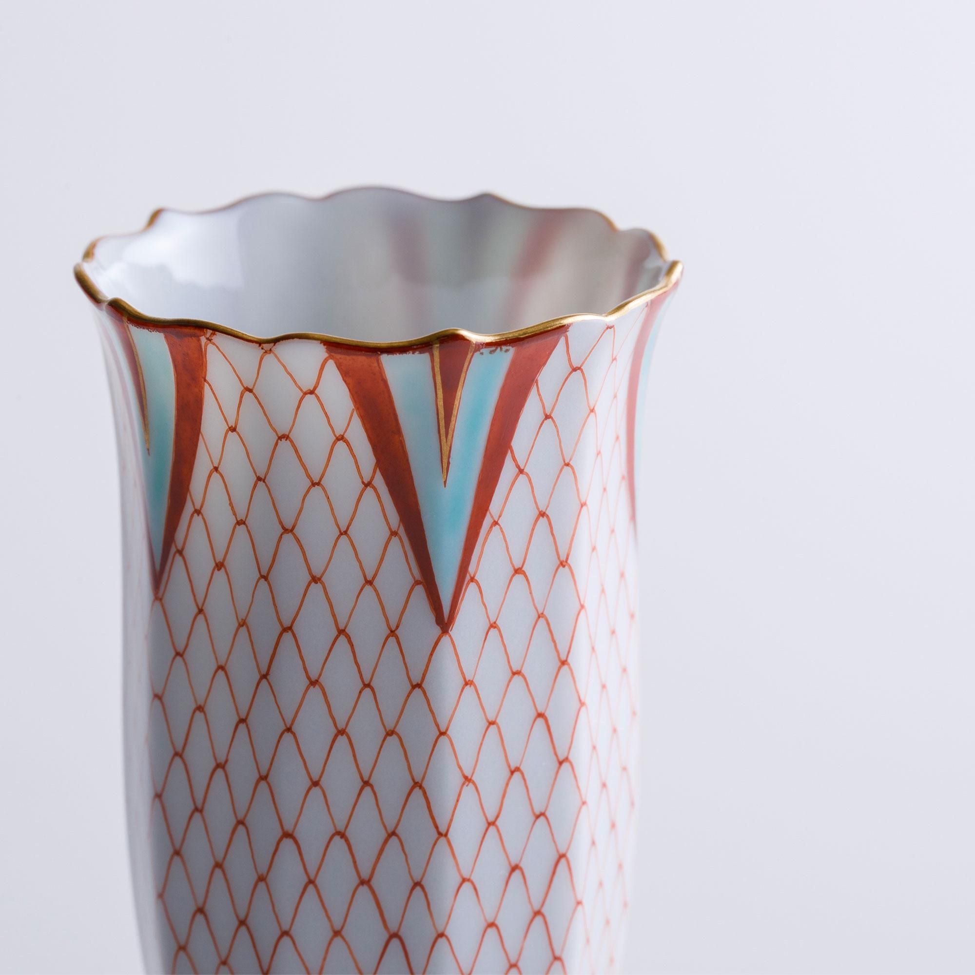 流】九谷焼 山本秀平造 赤絵細描唐草小紋珈琲碗一対 共箱 TG696