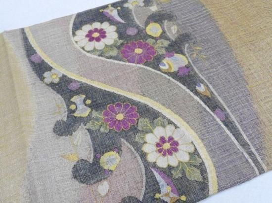 袋帯 じゅらく帝王紫 黄皇糸 すくい織 波間に菊花宝尽し文 御仕立上り