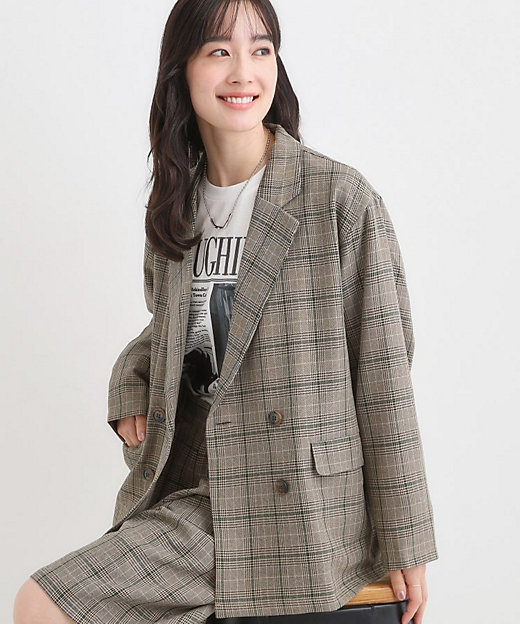 セットアップ可】チェック柄 ダブルブレストテーラードゆるジャケット