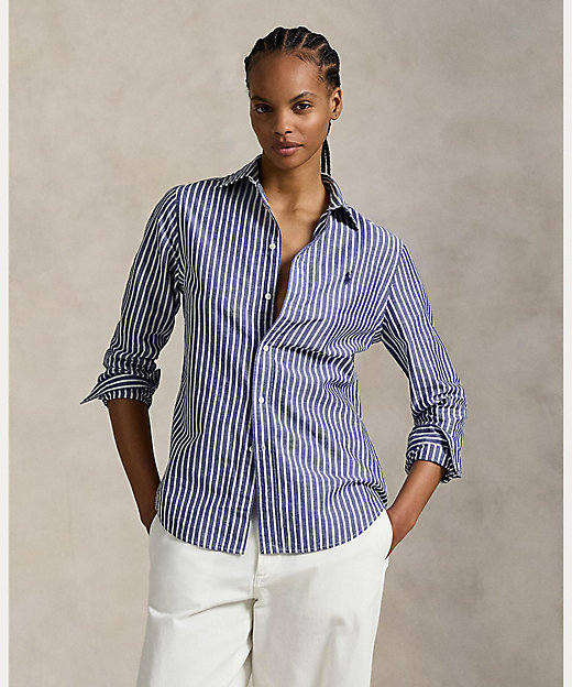 クラシック フィット ストライプド コットンリネン シャツ