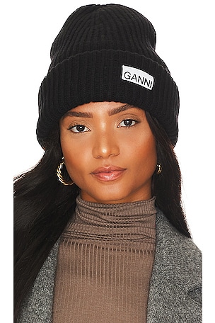 Ganni Structured Rib Beanie in Black | REVOLVE