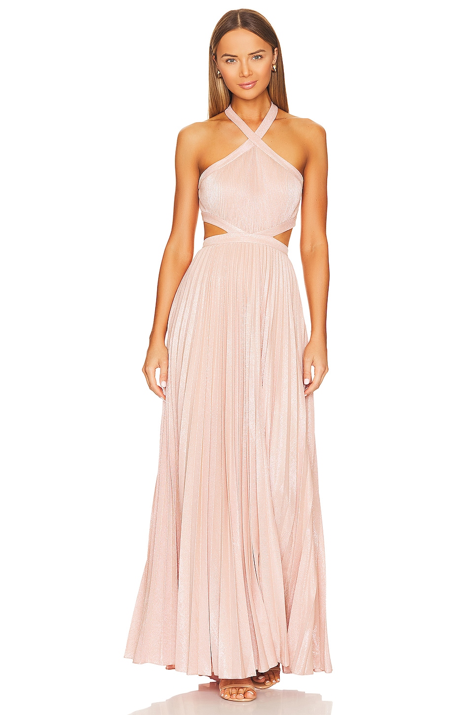 BCBGMAXAZRIA Metallic Evening Gown in Bare Pink | REVOLVE