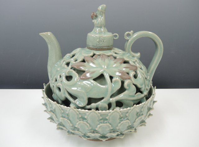 高麗 青磁 花草唐子紋水注 韓国 ポット 急須 高麗 青磁 花草唐子紋水