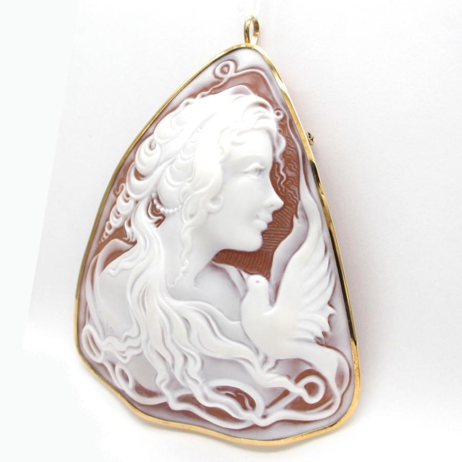 カメオシェル女性と小鳥ペンダントトップ&ブローチ2way K18枠