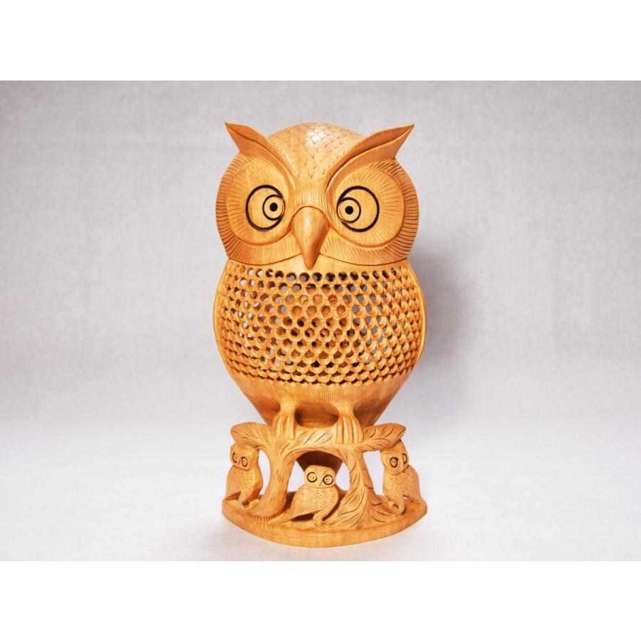 フクロウ 置物 木彫り 三重透かし彫り ふくろう 縁起物 大サイズ 桐箱