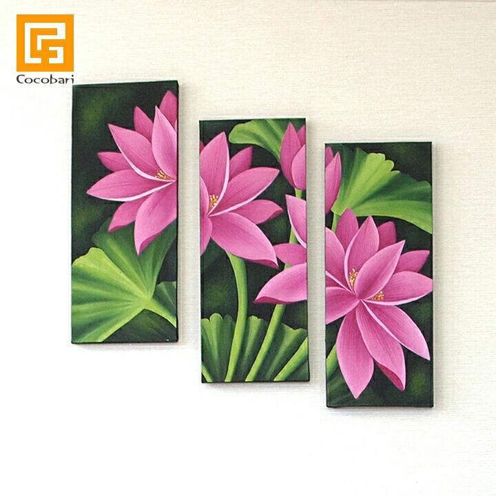 バリ絵画 ロータス (3連)(50×60cm) 蓮 バリ雑貨 インテリア 玄関