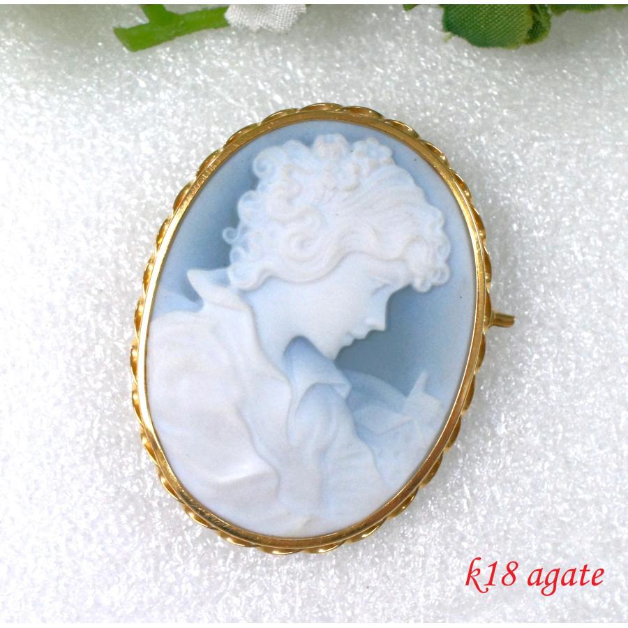 K18 本メノウ、ストーンカメオブローチ