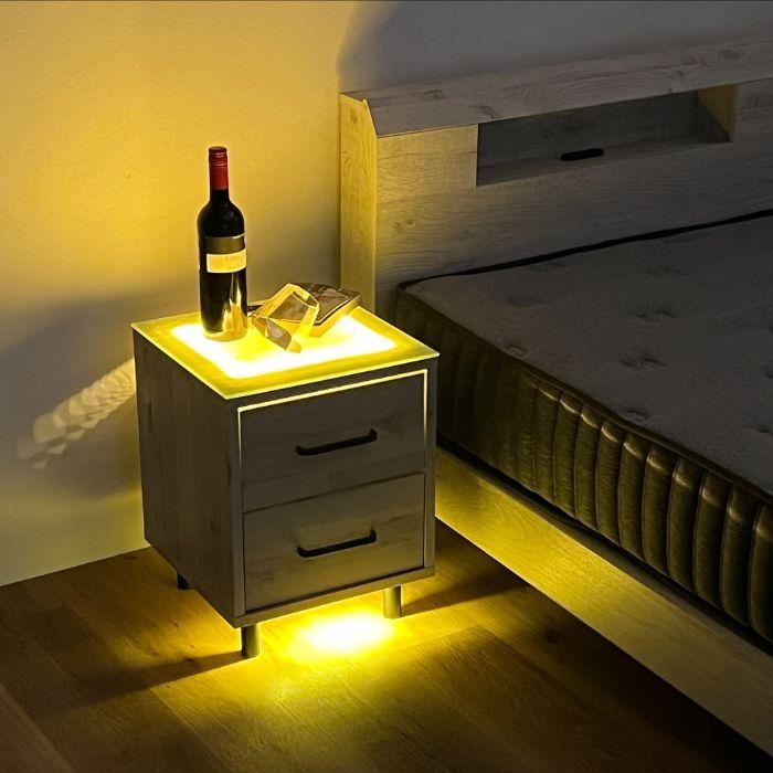 ベッドサイドテーブル 3段チェスト ライト付き