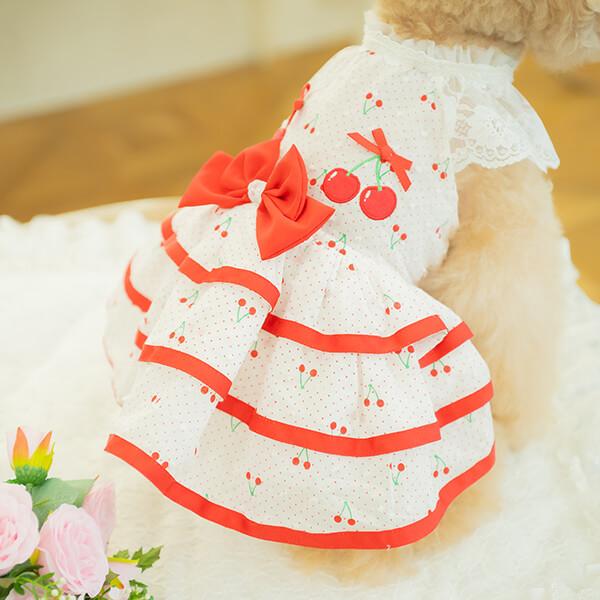 CanNana 犬 犬服 春夏 さくらんぼフレアーワンピース レース