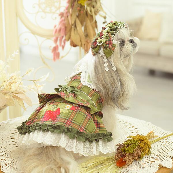 CanNana 犬 犬服 春 ドックウェア ワンピース レトロ いちご タータン