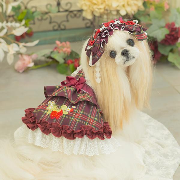 CanNana 犬 犬服 春 ドックウェア ワンピース レトロ いちご タータン