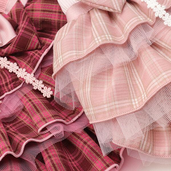 CanNana 犬 犬服 春 レトロいちごタータンチェックワンピース チュール