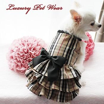 オーダーメイド犬服のベージュチェックワンピース : オーダーメイド