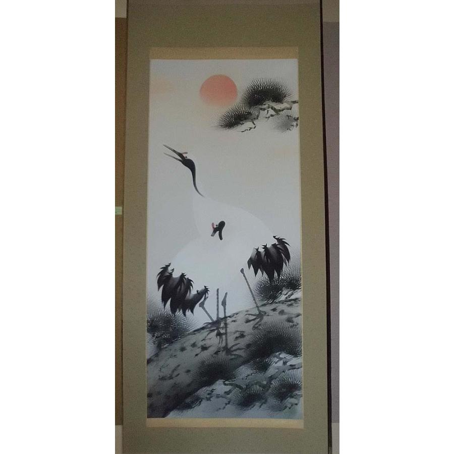 掛け軸 松上鶴／内村永邦 「美術名典掲載作家」 肉筆100％ 掛軸 全国