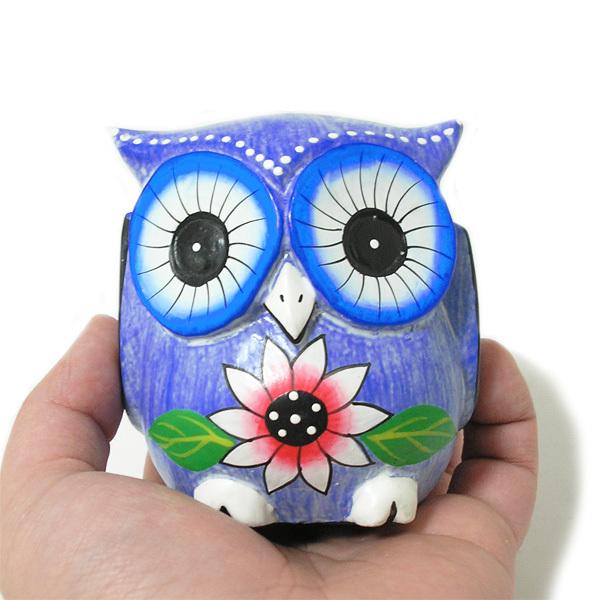 フクロウ インテリア 置物 青 [9cm] カラフル おしゃれな 開運 木彫り