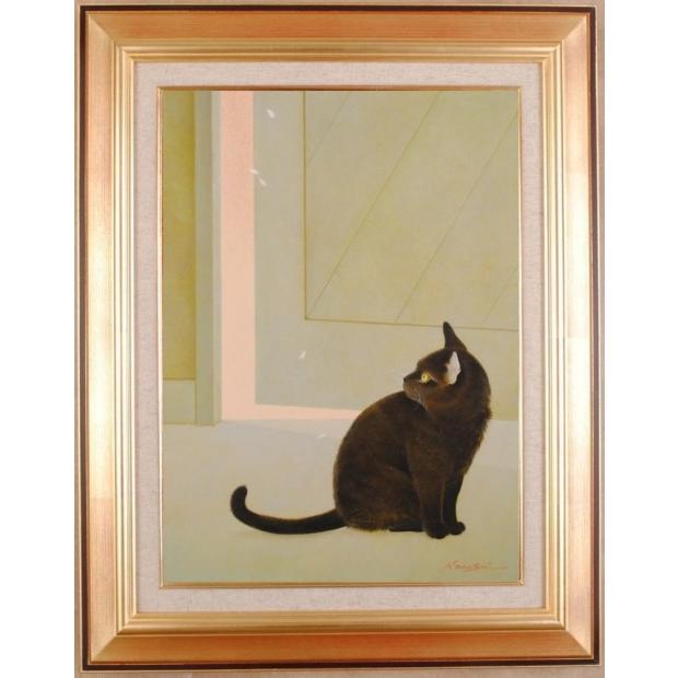 絵画額付（黒）油絵F6-071019猫たち