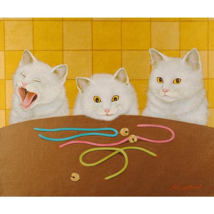 猫 絵画 白猫 油絵 油彩画 高橋伸子 「決定権」 額付き : アート