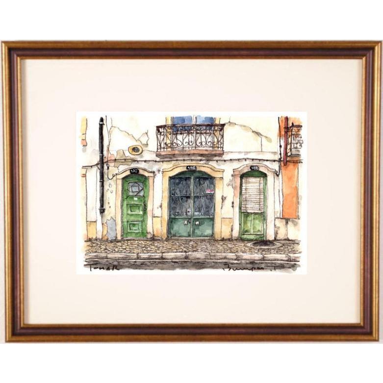 水彩画 風景画 塔と橋25✖️27 Landscape with boats and yachts