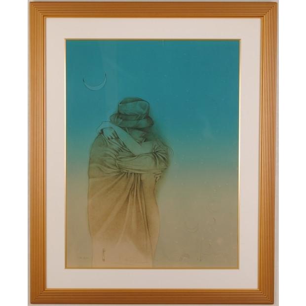 水彩画色紙額 中村直人 「樹下美人之図」 水彩画色紙額 中村直人