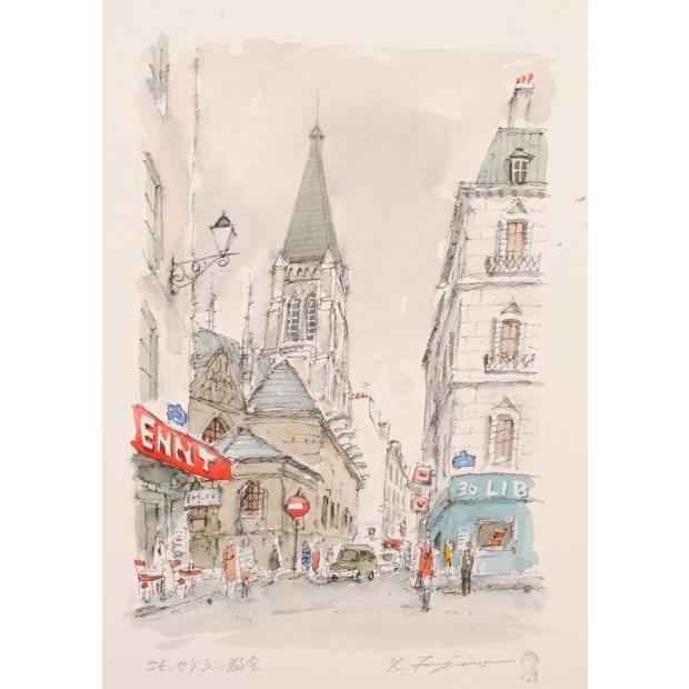 パステル画 「パリ朝暘」 パリのフランス風朝食、クロワッサンと