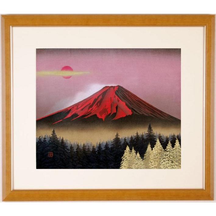 昭和レトロ 絵画【赤富士】富士山美術品 額縁付き アンティーク 和風