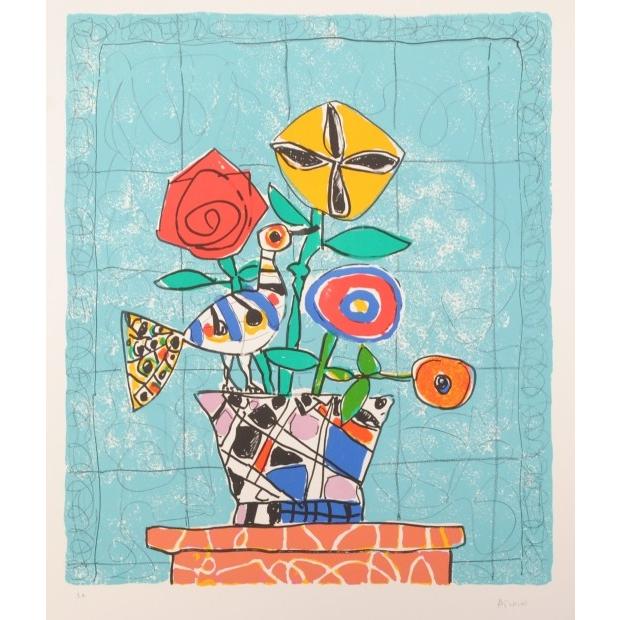 花 絵画 鳥 静物画 版画 リトグラフ ポール・アイズピリ 「空色の背景