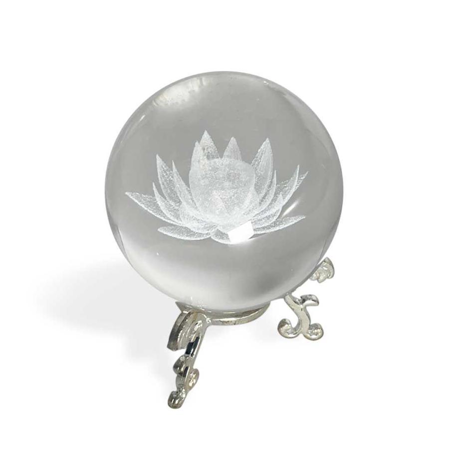 水晶玉 置物 玄関 風水 開運グッズ 蓮の花 クリスタル 6cm 台座付き