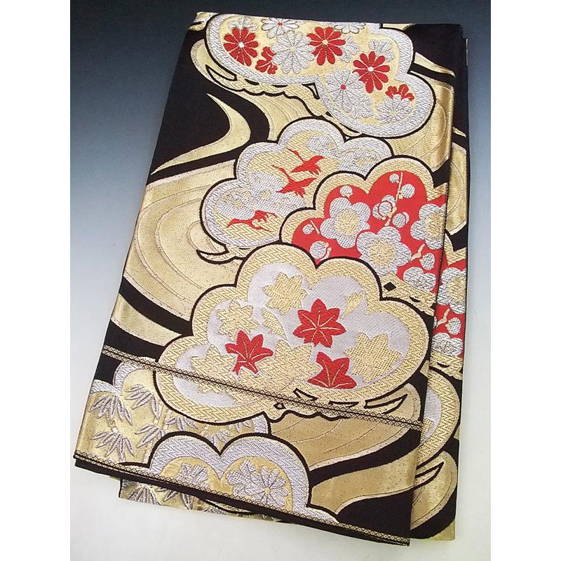 アウトレット 袋帯 正絹 高級 都緞子 未仕立て 黒地 流水 松 梅 菊