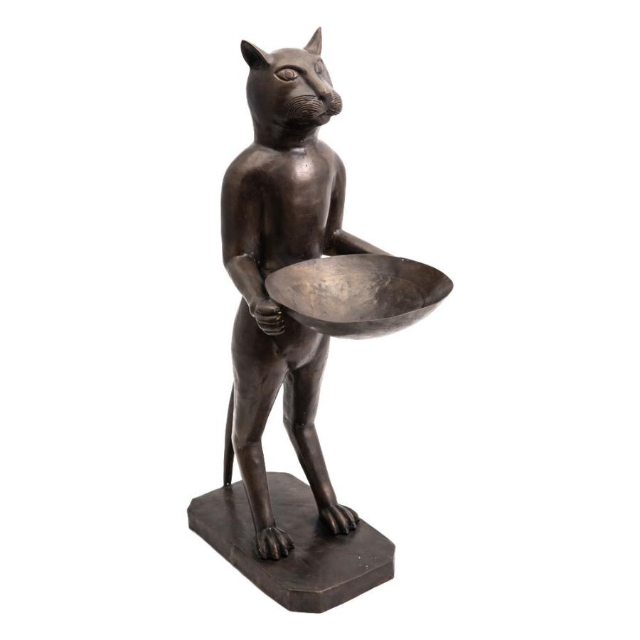 お皿を持ったブロンズ製の大きな特大バリネコ像 12960 : アジア工房
