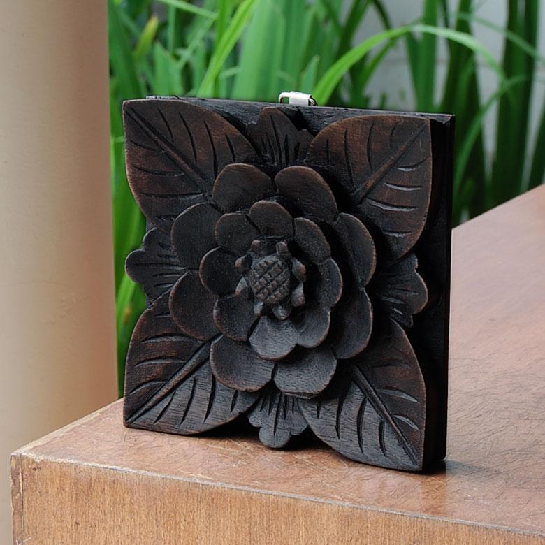 木彫り レリーフ 彫刻 アジアンフラワー 壁掛け チークウッド アート