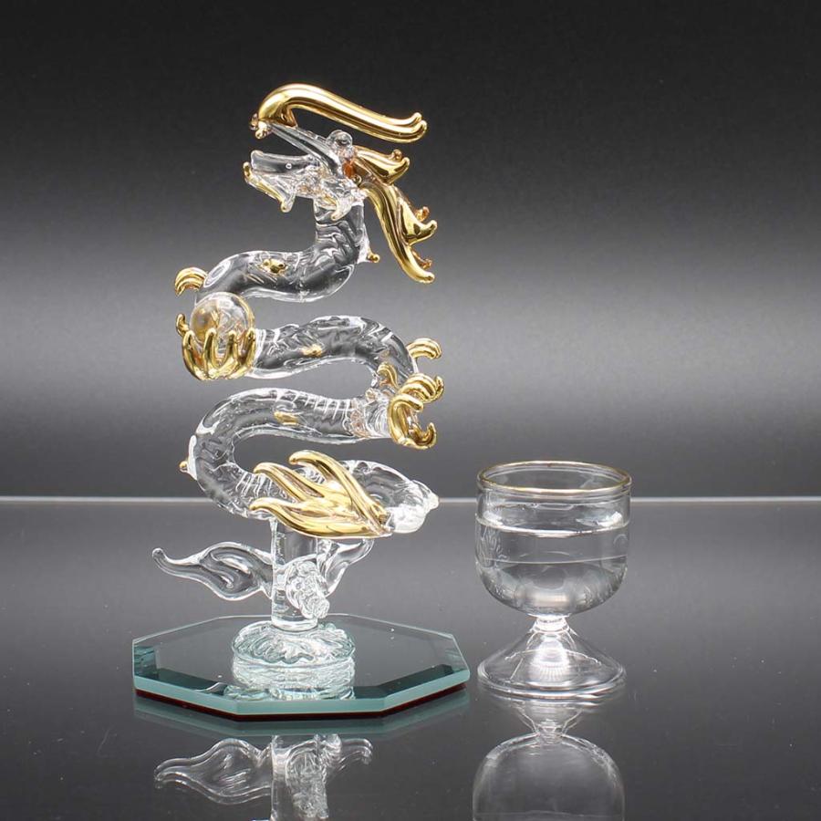 ガラス製ドラゴン彫刻 オレンジ・緑色 風水アイテム ガラス製ドラゴン