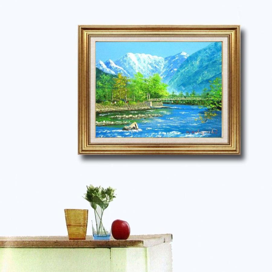 絵インテリア額付 ( 青緑＋金色の枠) 油絵 F4-090114 風景万代橋