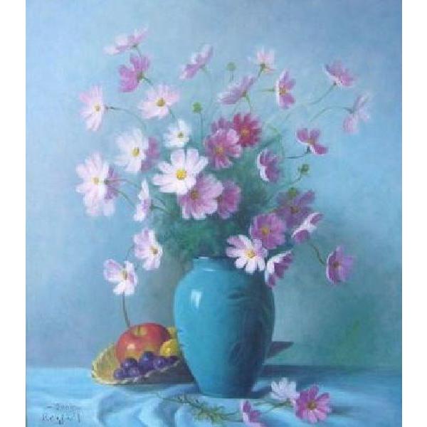 肉質油絵 立て F10 コスモスと静物 額装仕上げ品 田澤れいじ 額装