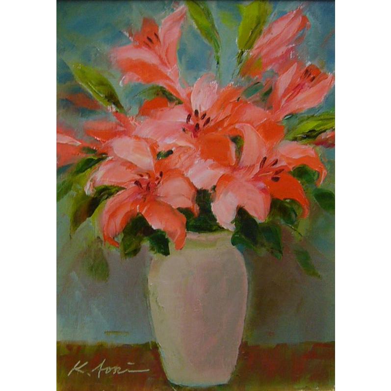 絵画 油絵 青木今陽 肉筆油絵 静物画 オレンジ色の百合 F4 送料無料