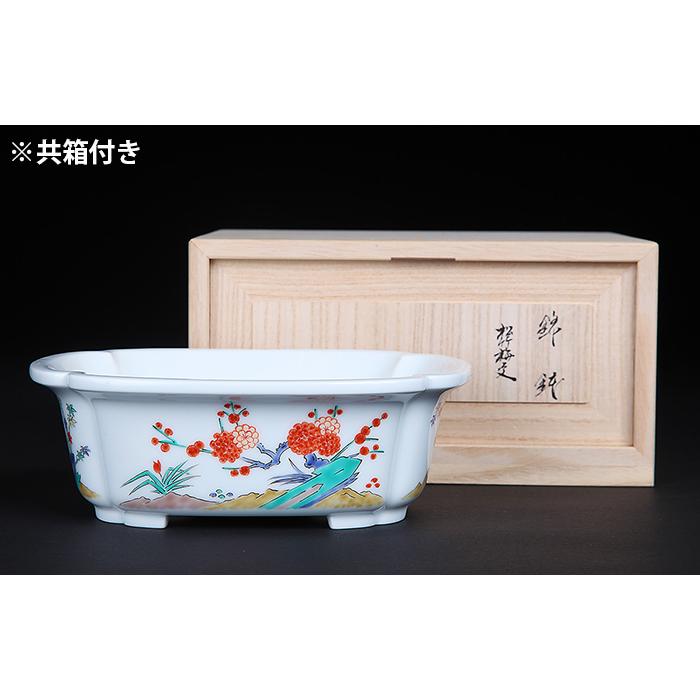 十五代柿右衛門色絵松竹梅外縁木瓜式鉢 盆栽鉢 鉢 植木鉢 盆器 有田焼