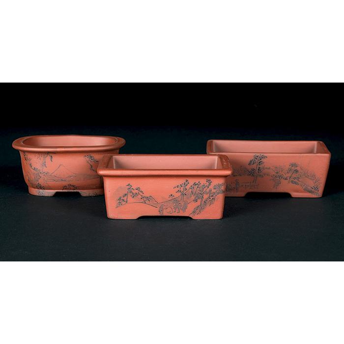 盆栽鉢 「瀬戸焼文山窯朱泥絵付鉢3点セット」 植木鉢 絵鉢 泥鉢 焼締 4