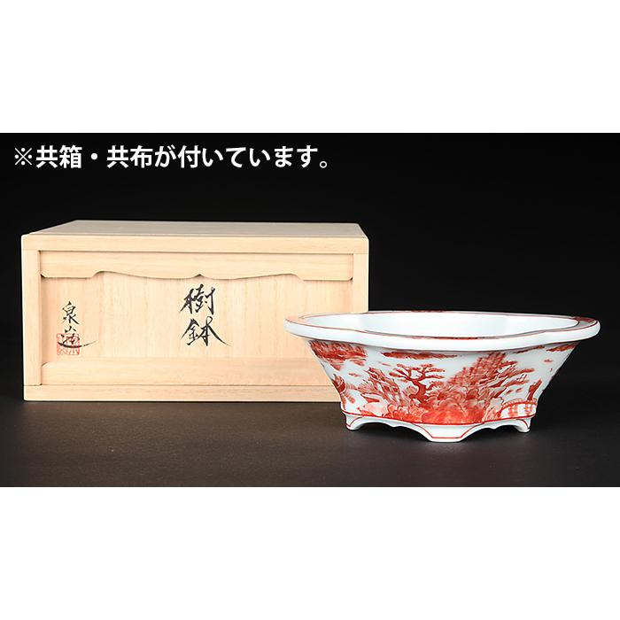 盆栽鉢 植木鉢 「平安泉山赤絵山水図木瓜式鉢 小」 絵付 絵鉢 清水焼