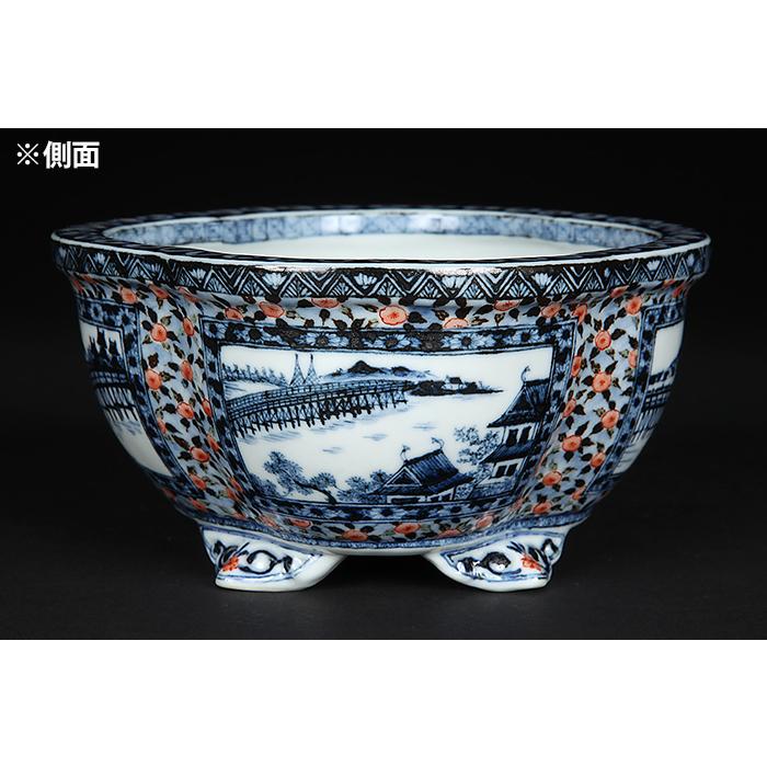 九谷理節染付赤絵窓抜草花山水図木瓜式鉢 盆栽鉢 鉢 植木鉢 盆器 藍
