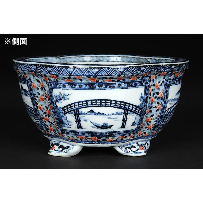 九谷理節染付赤絵窓抜草花山水図木瓜式鉢 盆栽鉢 鉢 植木鉢 盆器 藍