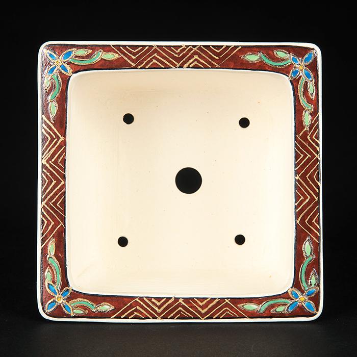 盆栽鉢 柳戸川浩山人物図正方鉢 絵付鉢 手造り 手描き 3号 10cm 小品