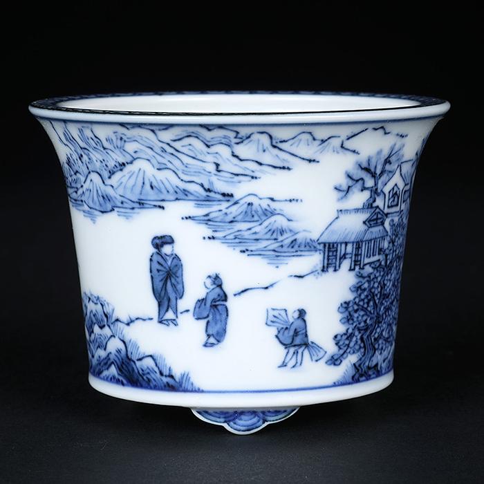 盆栽鉢 「京師五山青華山水図丸鉢」植木鉢 絵付鉢 京焼 清水焼 伝統