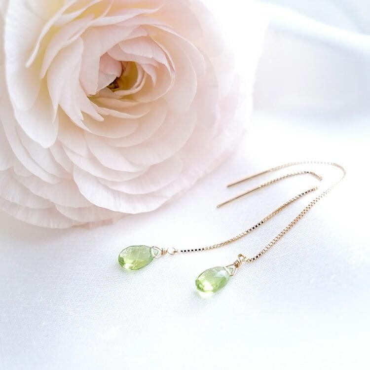 天然石 ピアス K18 18金 ペリドット チェーンピアス アメリカンピアス