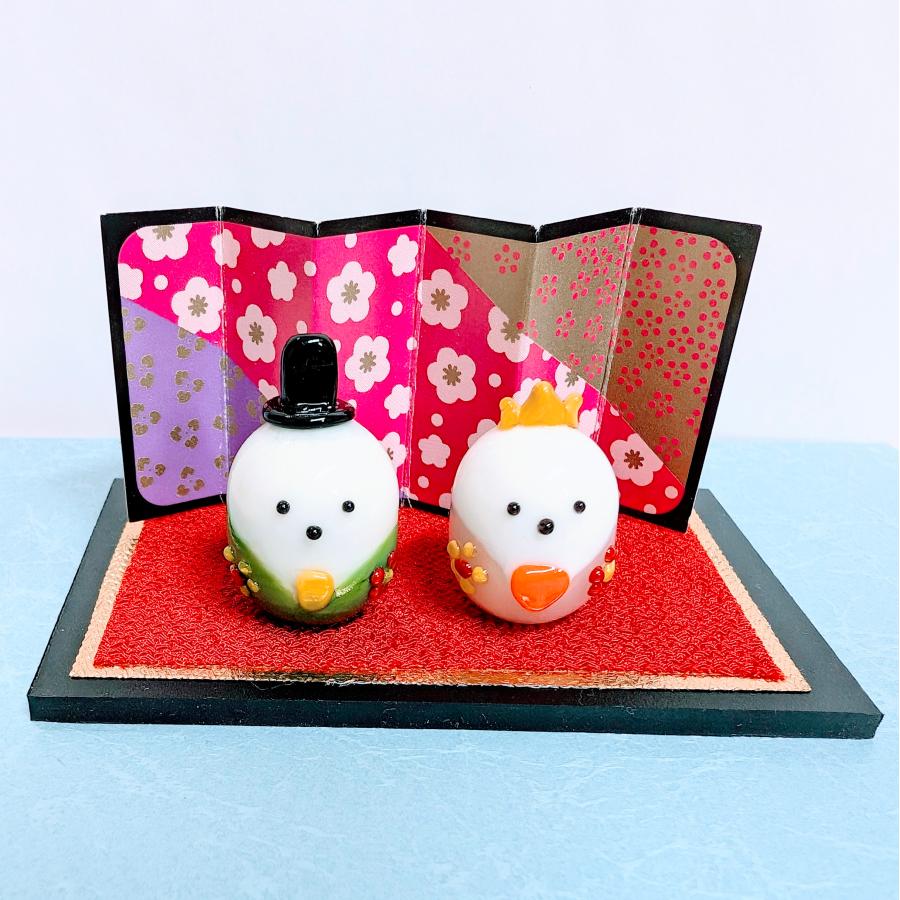 ガラス細工 シマエナガ雛セット（台、びょうぶ付）ミニチュア 雑貨