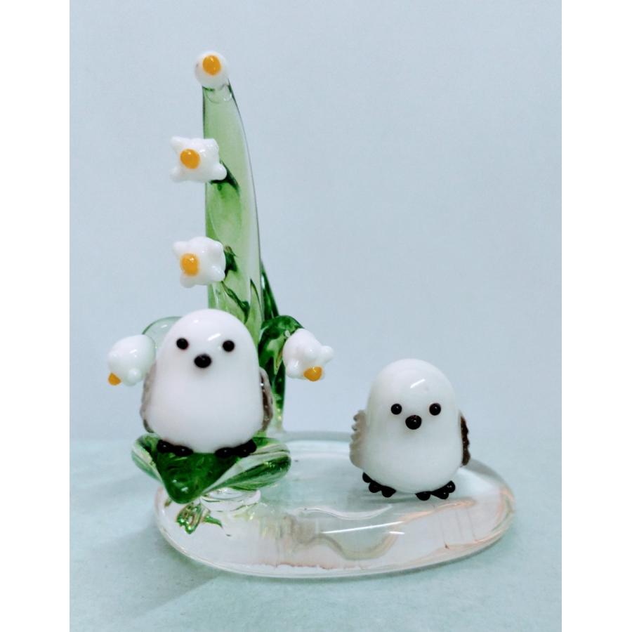 ガラス細工 シマエナガとスズラン台（L) グレー ミニチュア 置物 雑貨