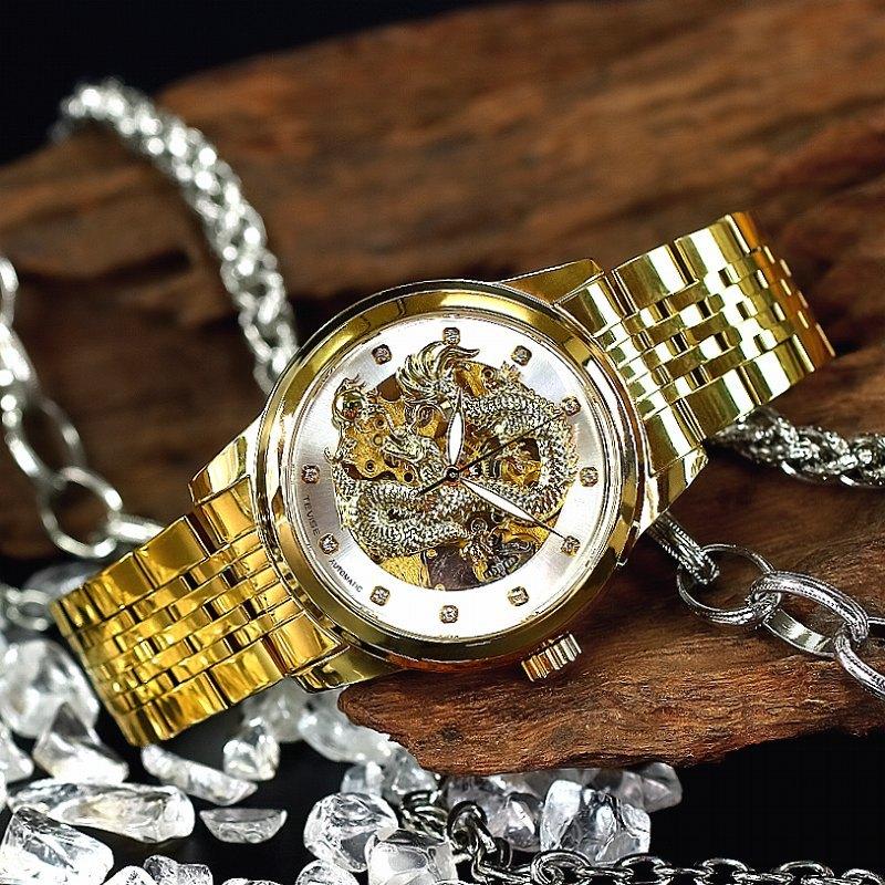 012 金×銀 龍神柄 機械式 自動巻き 腕時計 メンズ ファッション 紳士