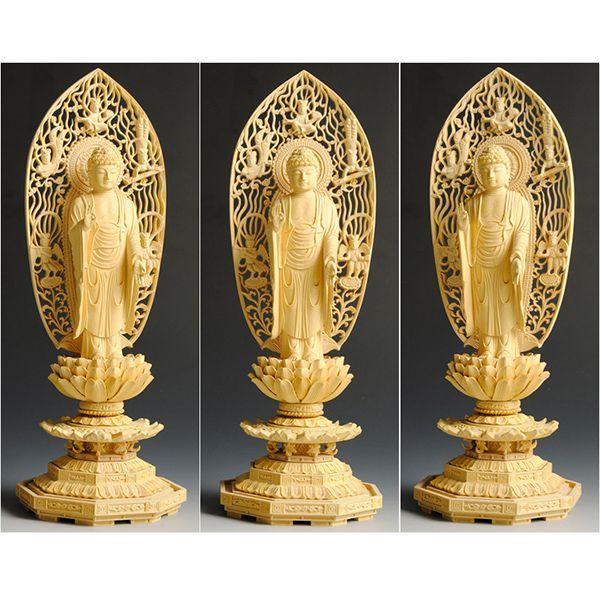仏像 浄土宗舟形阿弥陀如来 総柘植 高級彫り八角飛天光背4.5寸 : 仏壇