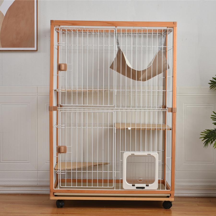 BTM 猫 ケージ キャットケージ 2段 木製フレーム ハンモック付 広々