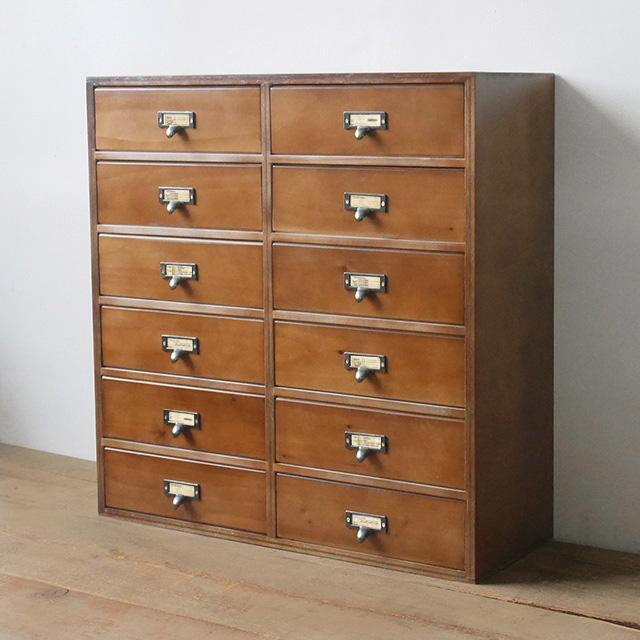 木製ダークブラウン収納棚 12引き出し アンティーク タンス 箪笥 古家具